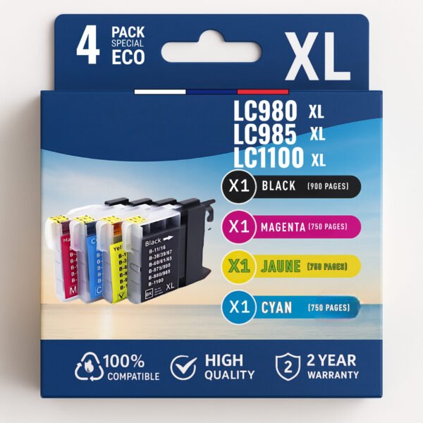 Pack compatible BROTHER LC980/LC985/LC1100, 4 cartouches