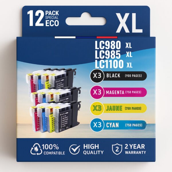 Pack compatible BROTHER LC980/LC985/LC1100, 12 cartouches
