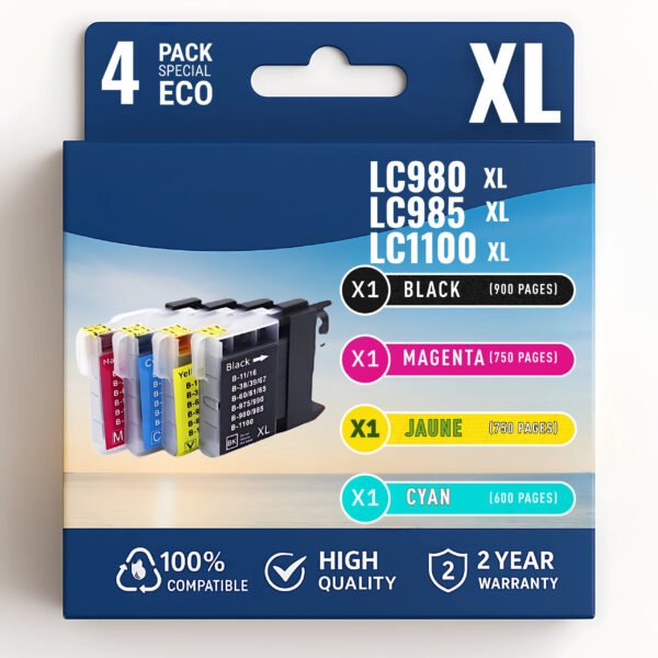 Pack compatible BROTHER LC980/LC985/LC1100, 4 cartouches