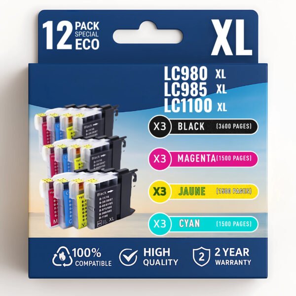 Pack compatible BROTHER LC980/LC985/LC1100, 12 cartouches