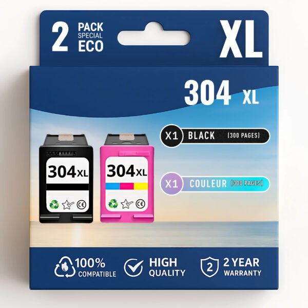Pack 2 cartouches compatible avec HP 304 XL noir et couleur