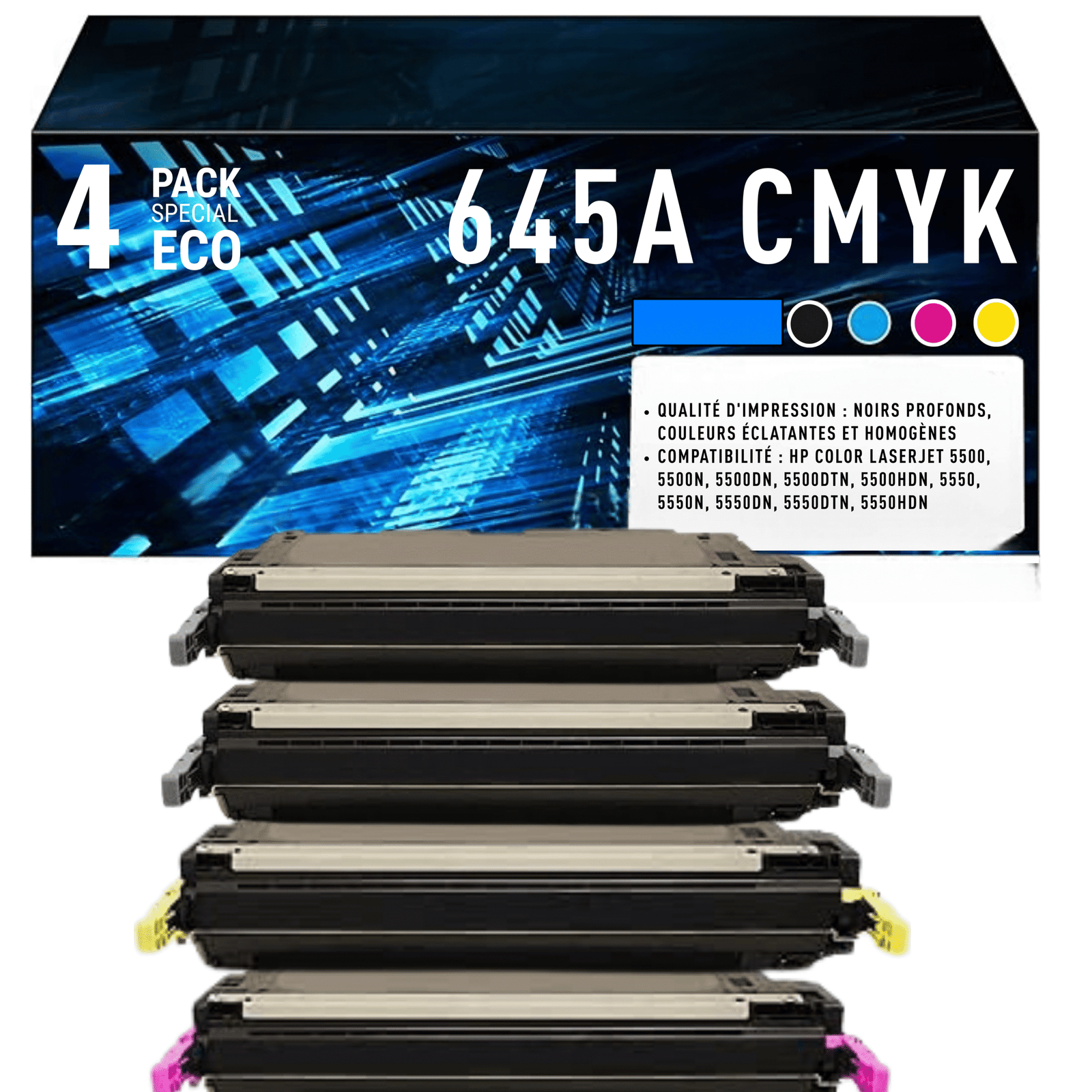 toner (1) Pack 4 Toners Compatibles HP 645A (C9730A, C9731A, C9732A, C9733A) – Noir, Cyan, Jaune, Magenta – Image 1