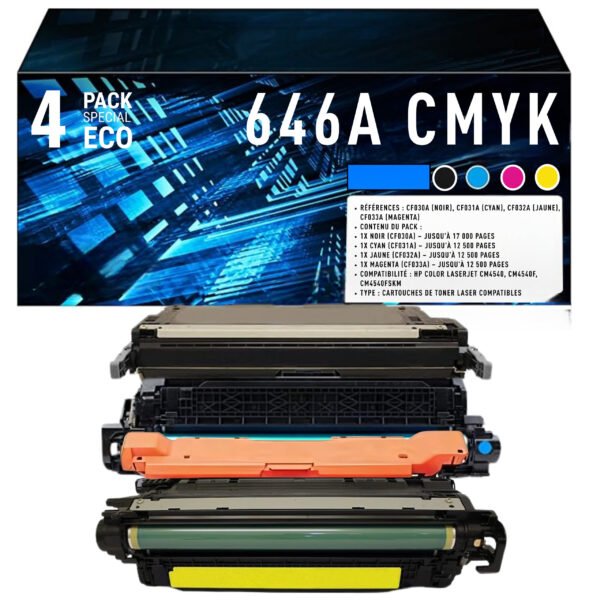 Pack de 4 Toners Compatibles HP 646A (CF030A / CF031A / CF032A / CF033A) – Noir, Cyan, Magenta, Jaune