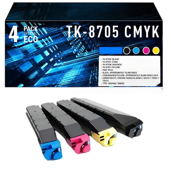 Pack de 4 Toners Compatibles Kyocera TK-8705 (TK-8705K / C / M / Y) – Noir, Cyan, Magenta, Jaune