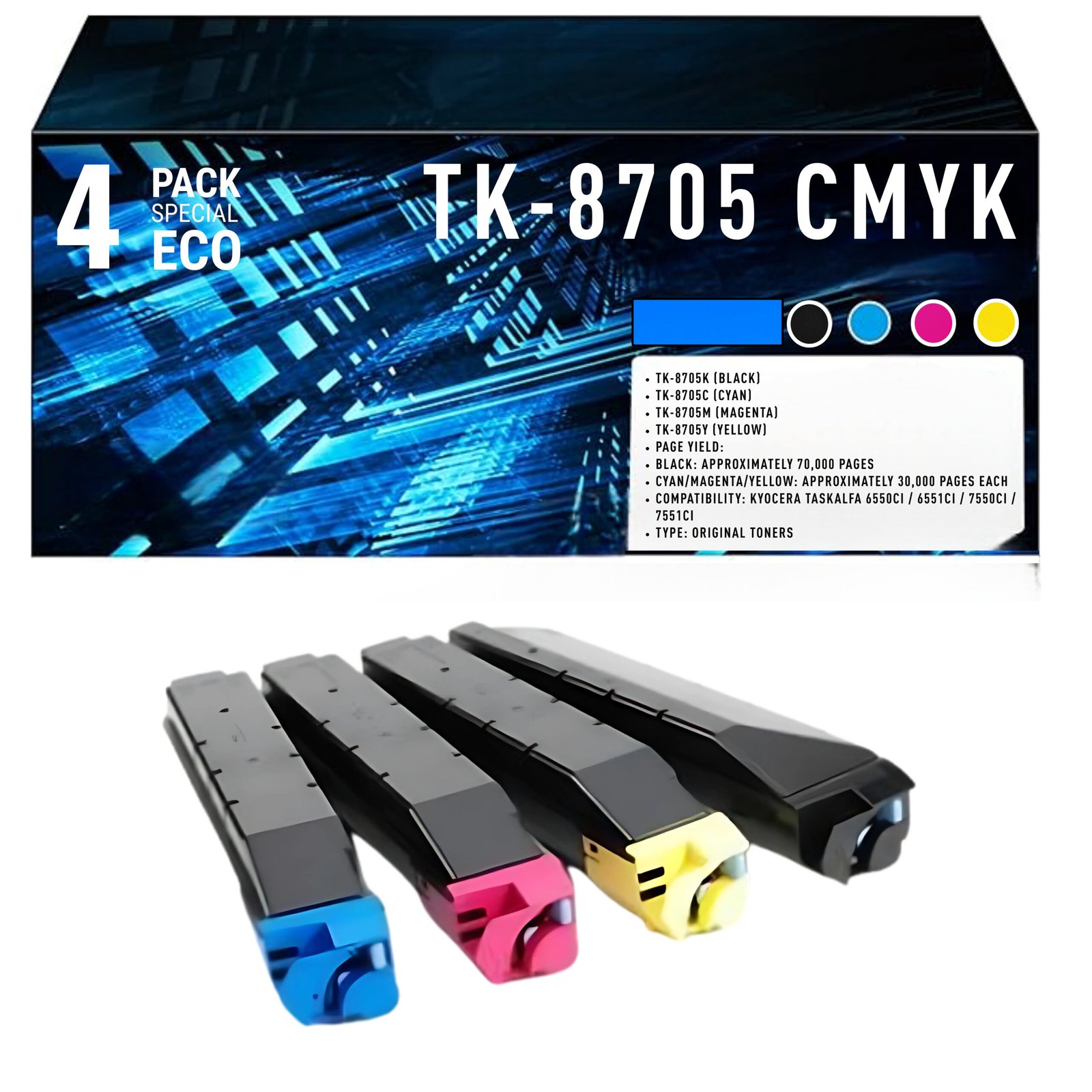 54 Pack de 4 Toners Compatibles Kyocera TK-8705 (TK-8705K / C / M / Y) – Noir, Cyan, Magenta, Jaune – Image 1