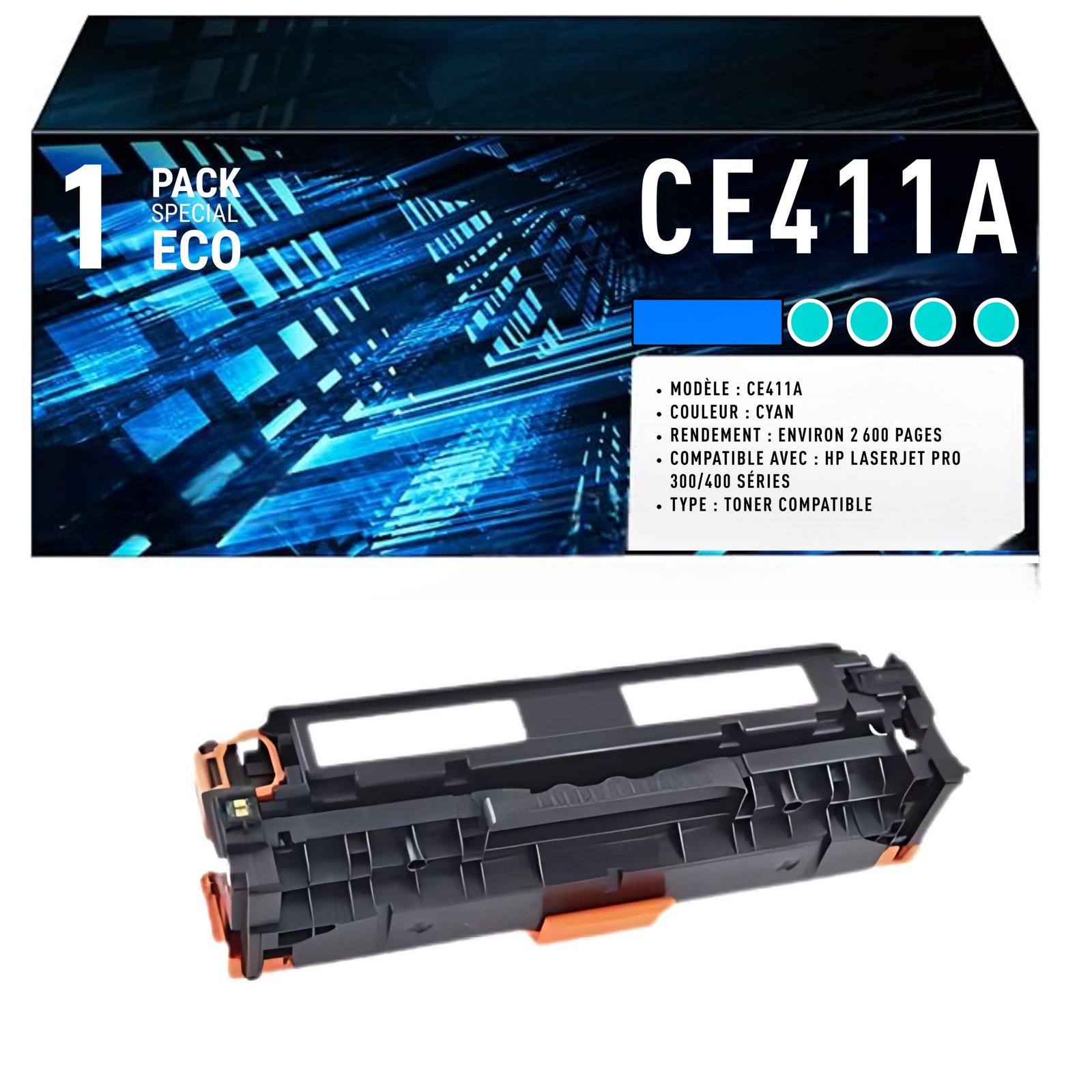 56 Cartouche de Toner Cyan Compatible HP 305A (CE411A) – 2 600 pages – Image 1