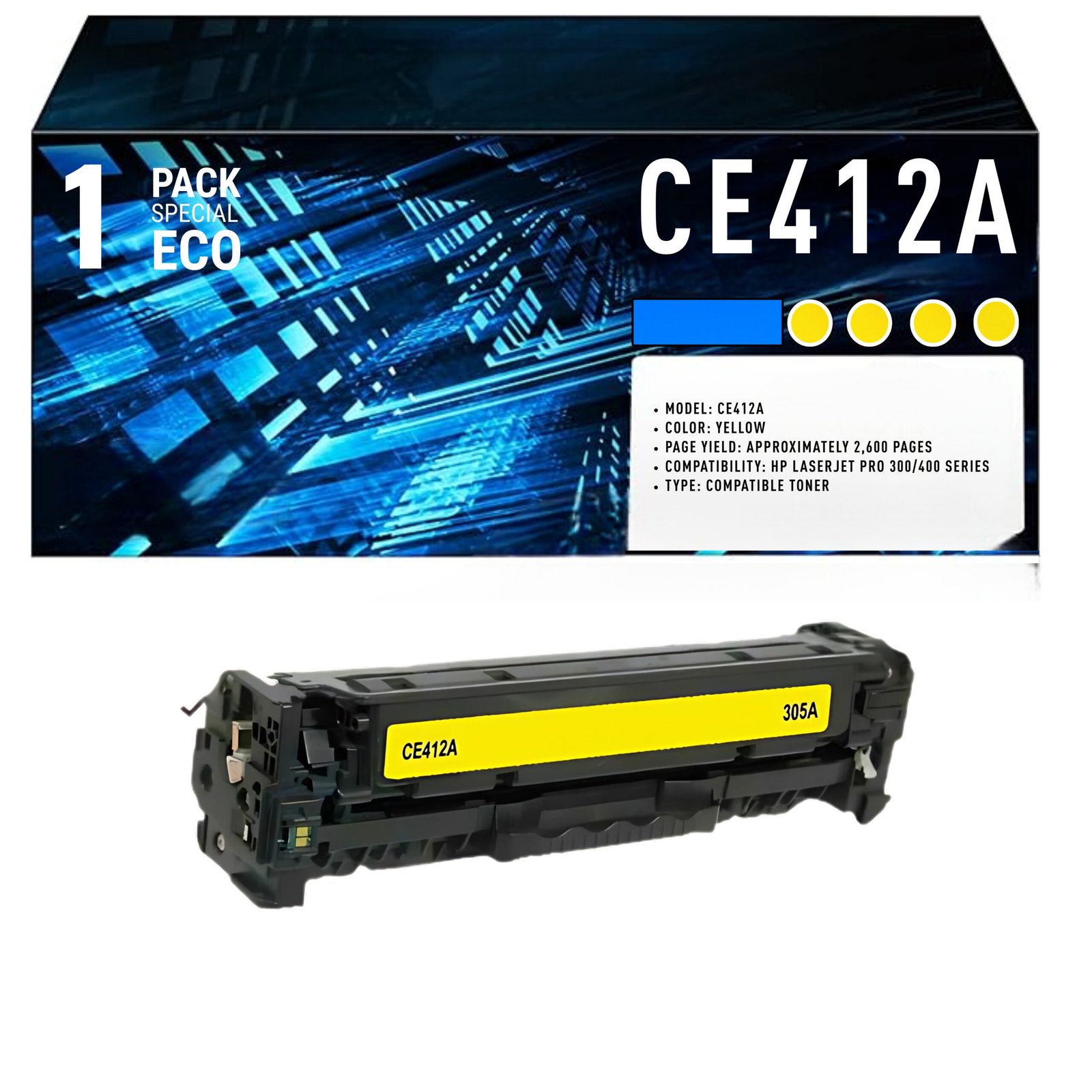 58 Cartouche de Toner Jaune Compatible HP 305A (CE412A) – 2 600 pages – Image 1