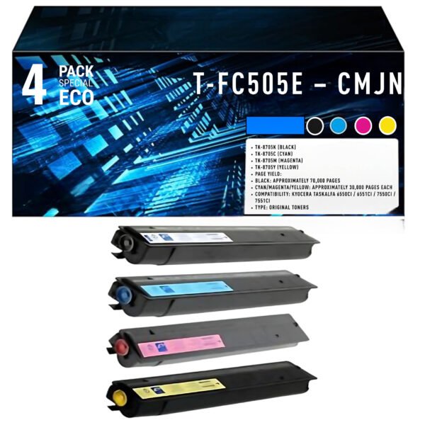 Pack de 4 Toners Compatibles Toshiba T-FC505E (T-FC505E-K / C / M / Y) – Noir, Cyan, Magenta, Jaune