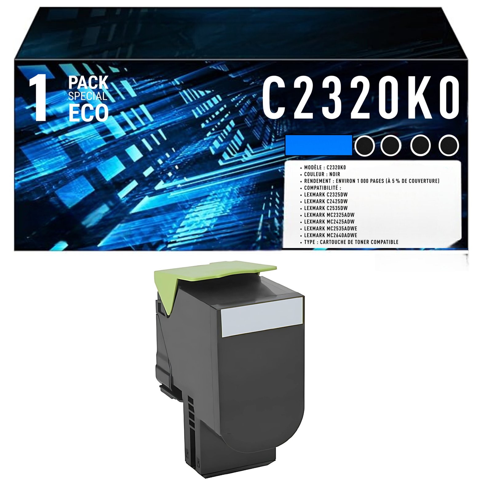65 Cartouche de Toner Noir Compatible Lexmark C2320K0 – 1 000 pages – Image 1