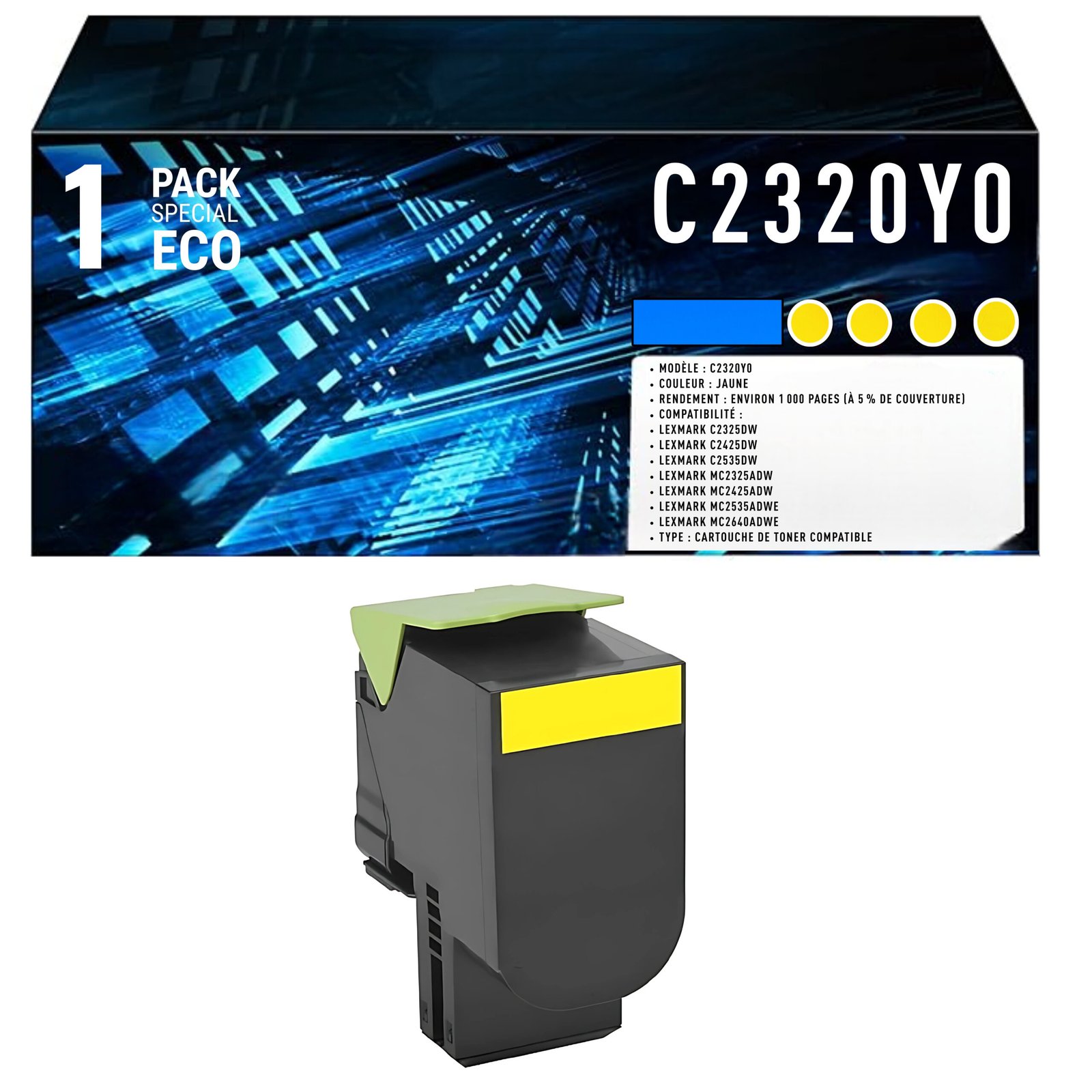 66 Cartouche de Toner Jaune Compatible Lexmark C2320Y0 – 1 000 pages – Image 1