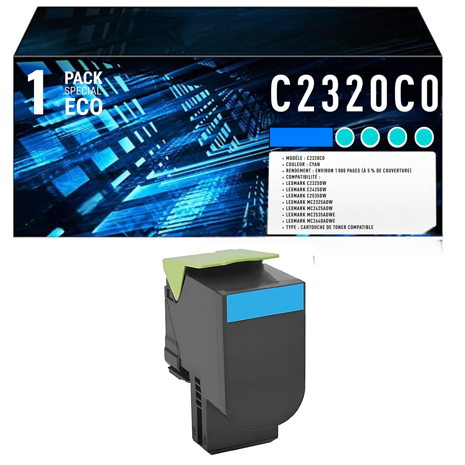 68 Cartouche de Toner Cyan Compatible Lexmark C2320C0 – 1 000 pages – Image 1