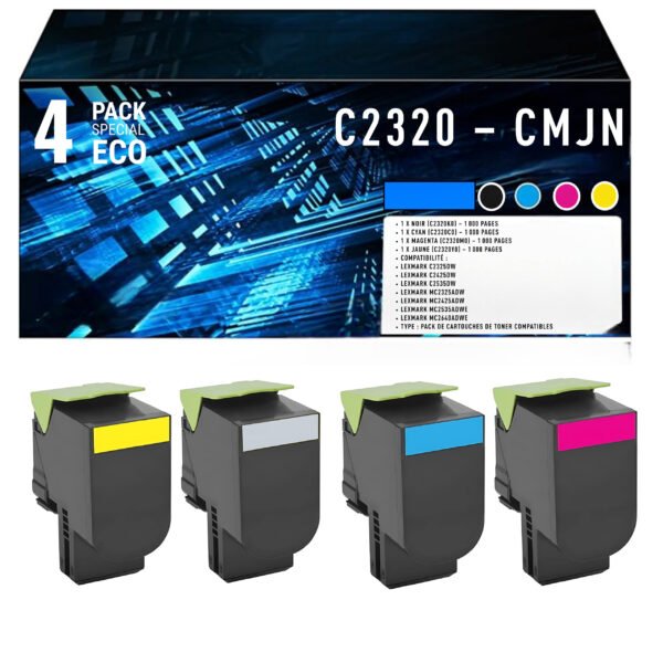 Pack de 4 Toners Compatibles Lexmark C2320 (C2320K0 / C2320C0 / C2320M0 / C2320Y0) – Noir, Cyan, Magenta, Jaune