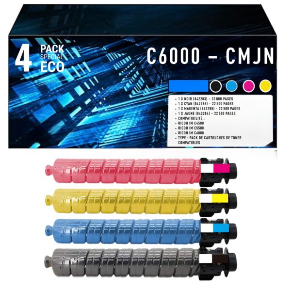 Pack de 4 Toners Compatibles Ricoh IM C6000 (842283 / 842284 / 842285 / 842286) – Noir, Cyan, Magenta, Jaune