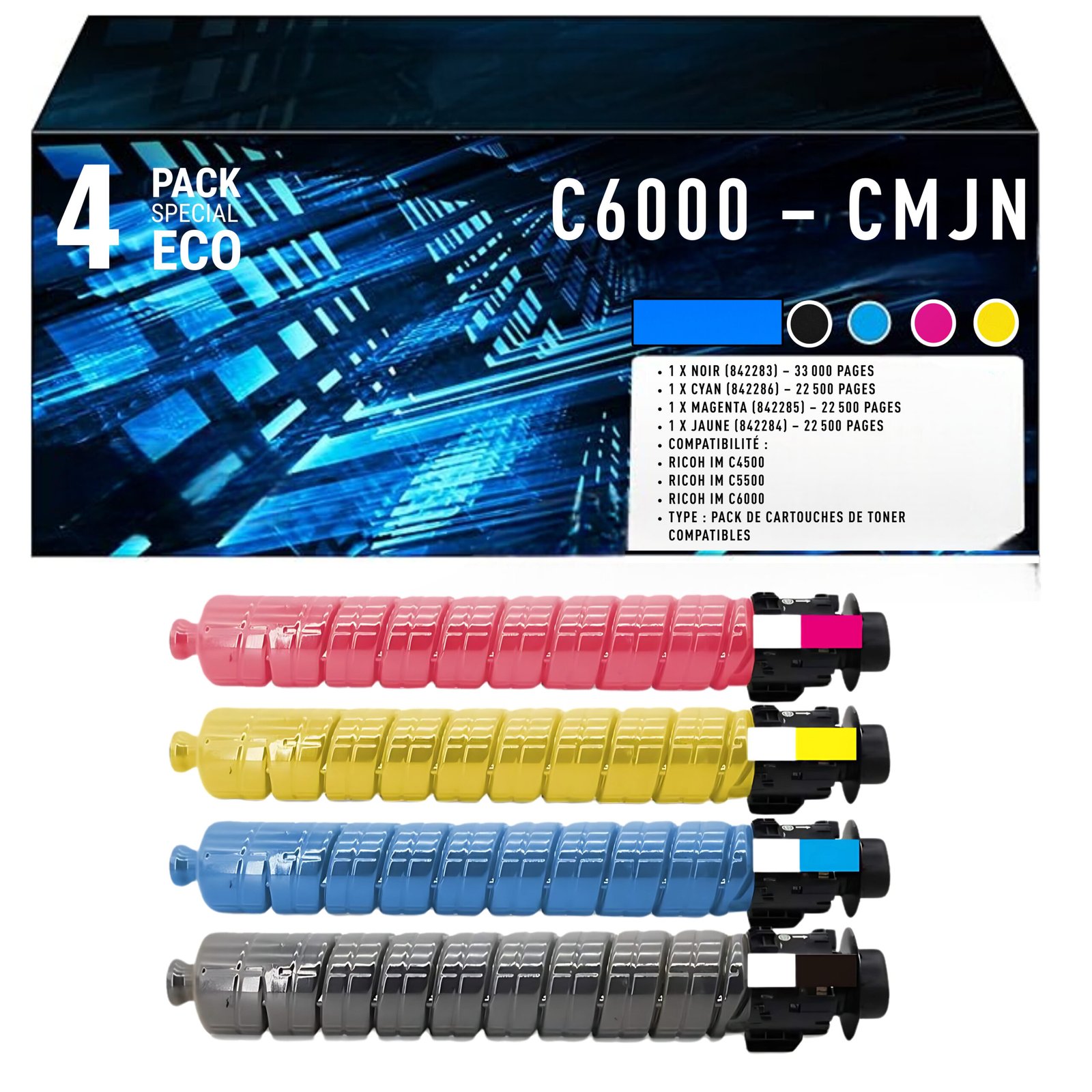 74 Pack de 4 Toners Compatibles Ricoh IM C6000 (842283 / 842284 / 842285 / 842286) – Noir, Cyan, Magenta, Jaune – Image 1