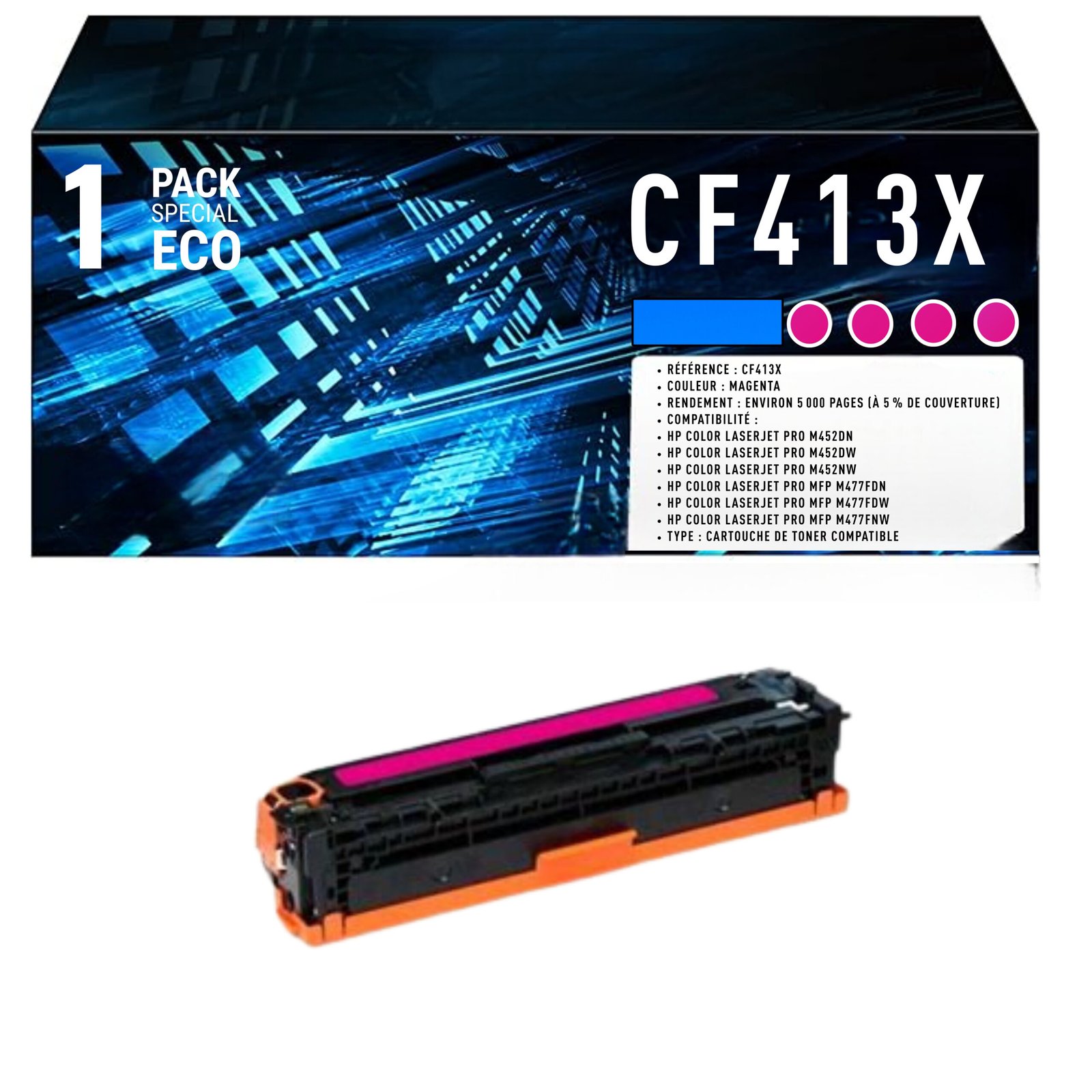 86 Cartouche de Toner Magenta Compatible HP 410X (CF413X) – 5 000 pages – Image 1
